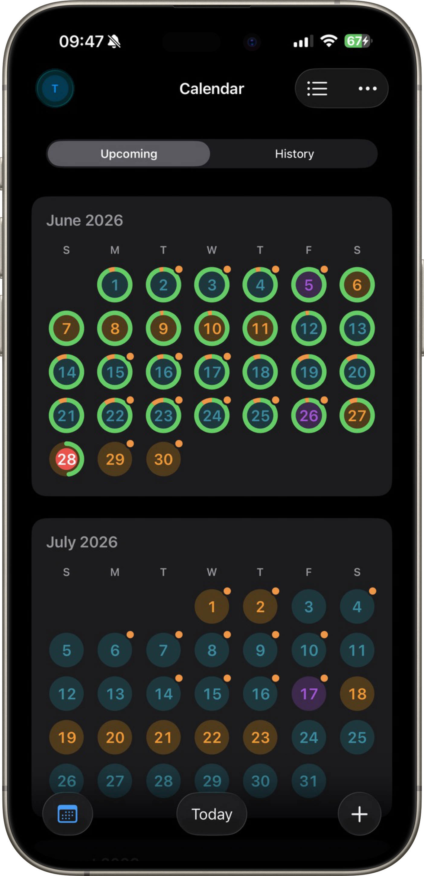 C1B calendar screen showing upcoming and historical care days with visual day status indicators
