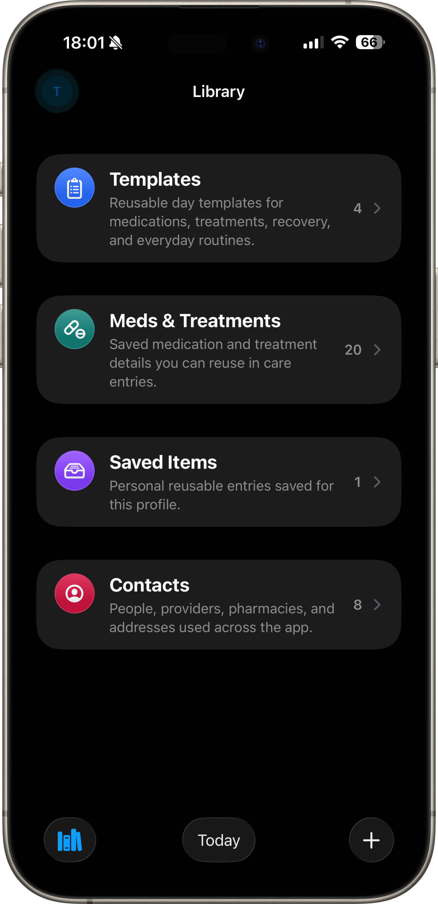 C1B Library screen with Templates, Meds and Treatments, Saved Items, and Contacts