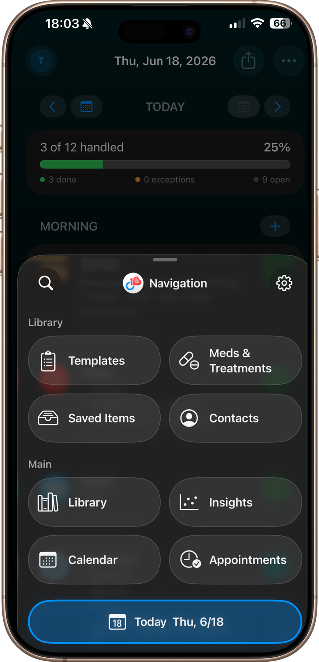 C1B navigation sheet showing library and main app destinations
