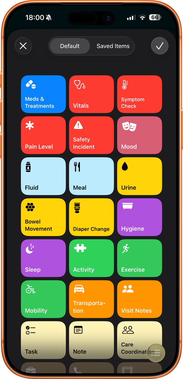 C1B new care item picker with categories for medications, vitals, symptoms, meals, hygiene, and more