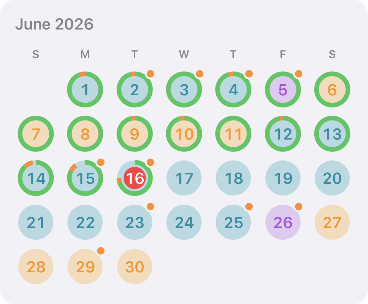 June 2026 care calendar with planned care days
